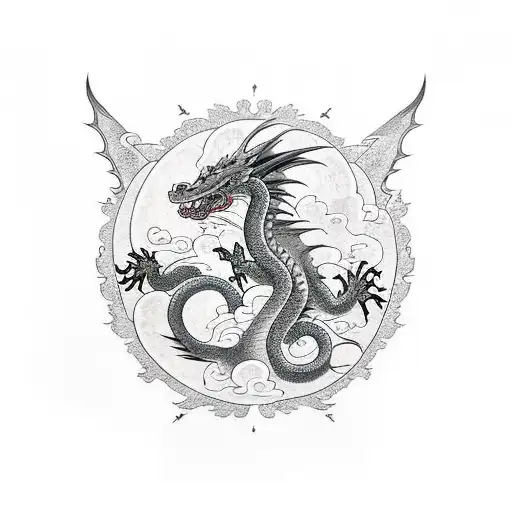 Dragon, clouds, birds tattoo design idea