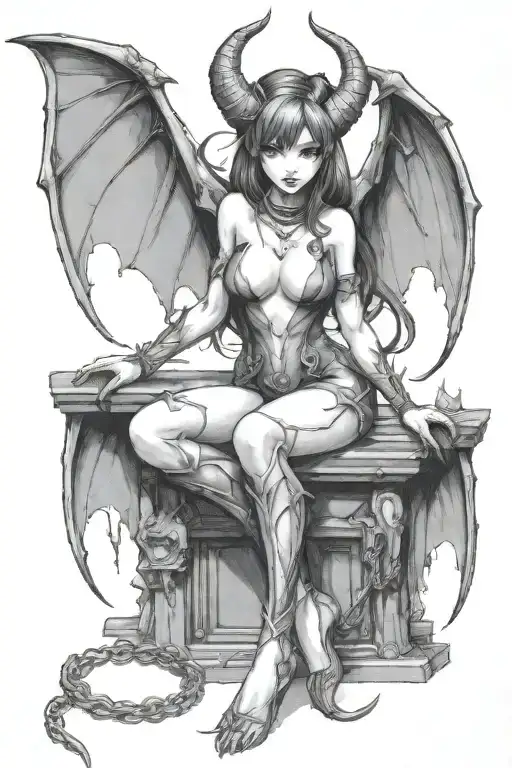 sexy anime Succubus On her knees chained down Hands behind your back wearing little clothing  full body With  bat wings  tattoo design idea