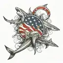 full sleeve left arm from left shoulder blade to left wrist. incorporating the US Flag, hammerhead sharks, angry octopus tattoo design idea