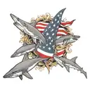 full sleeve left arm from left shoulder blade to left wrist. incorporating the US Flag, hammerhead sharks, angry octopus tattoo design idea