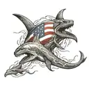 full sleeve left arm from left shoulder blade to left wrist. incorporating the US Flag, hammerhead sharks, angry octopus tattoo design idea