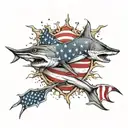 full sleeve left arm from left shoulder blade to left wrist. incorporating the US Flag, hammerhead sharks, angry octopus tattoo design idea