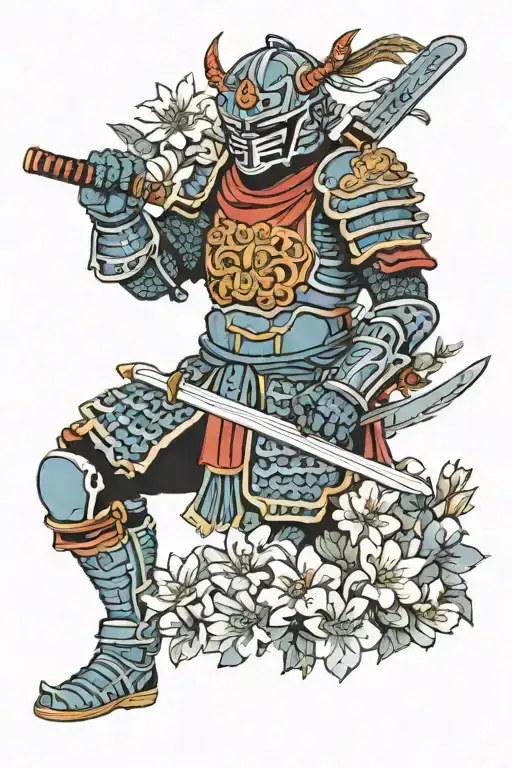 Honda tadakatsu in armour with flowers and sword tattoo design idea