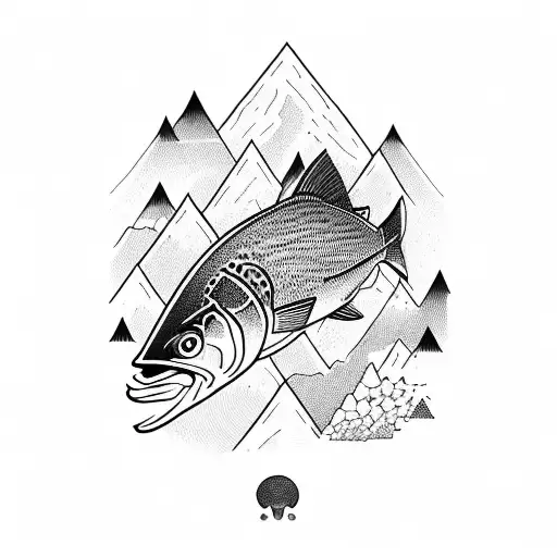 trout with mountains tattoo design idea