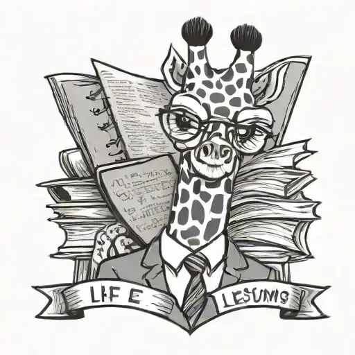 A manager giraffe wearing a suit and tie, holding a book with the title 'Life Lessons' tattoo design idea