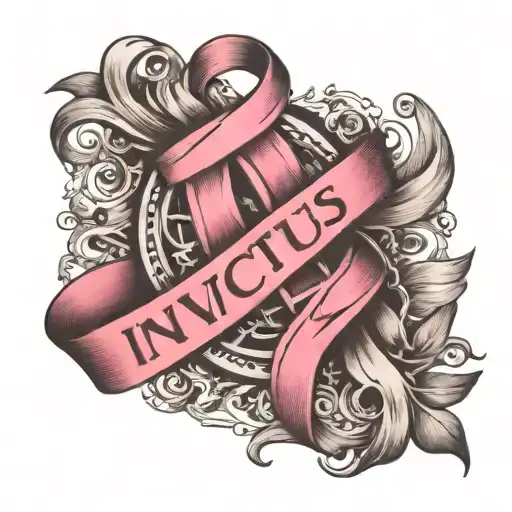 Invictus text witha breast cancer ribbon intertwined tattoo design idea