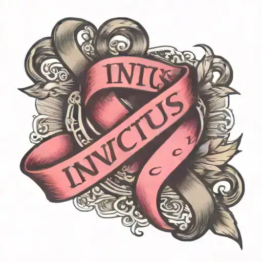 Invictus text witha breast cancer ribbon intertwined tattoo design idea