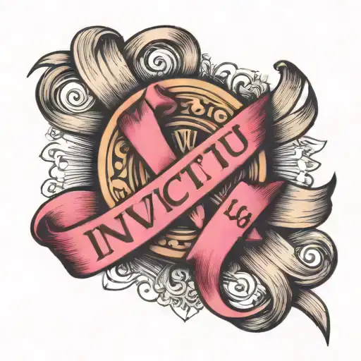 Invictus text witha breast cancer ribbon intertwined tattoo design idea