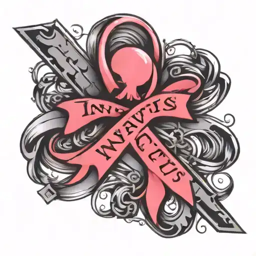 Invictus text witha breast cancer ribbon intertwined tattoo design idea