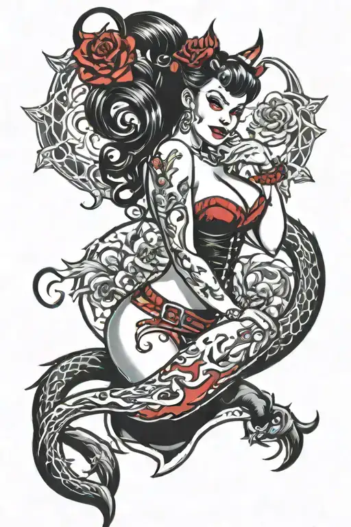 pinup busty devil tail tattoo design idea