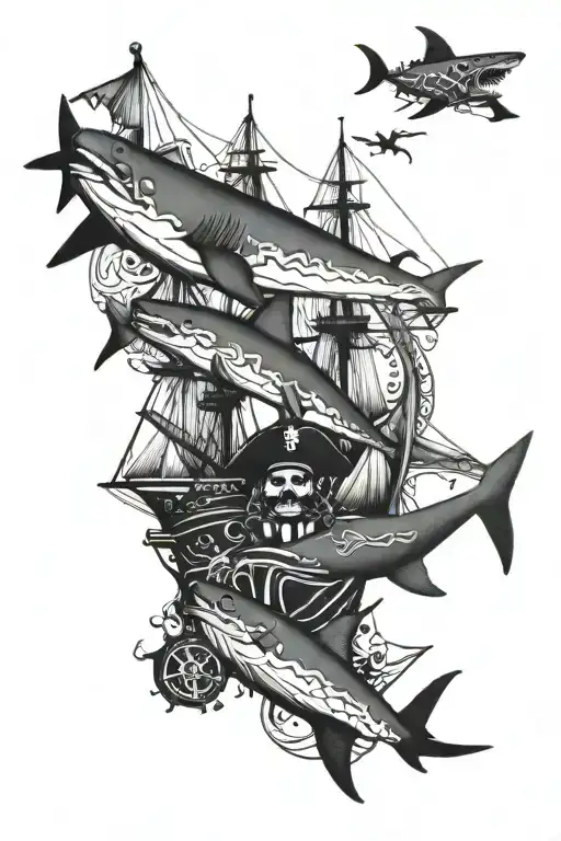 blue shark, pirate and coast guard tattoo design idea