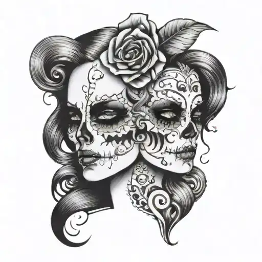 woman face half skull adorned tattoo design idea