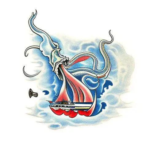 giant squid attacking a submarine tattoo design idea