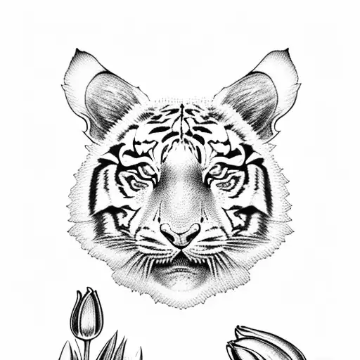 blue eyed tiger with tulips tattoo design idea