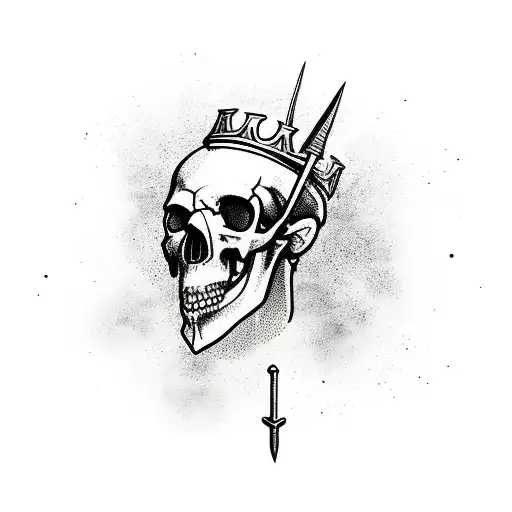 sword of damocles hanging over crowned skull tattoo design idea