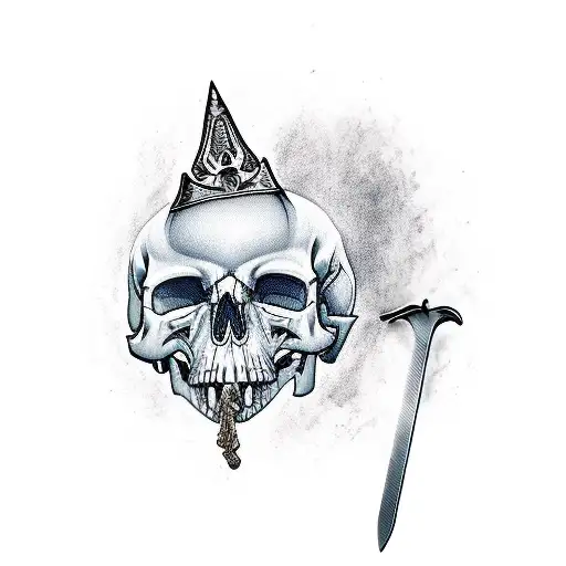 sword hanging over crowned skull tattoo design idea