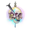 sword of damocles hanging over crowned skull tattoo design idea