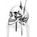 sword of damocles hanging over crowned skull tattoo design idea