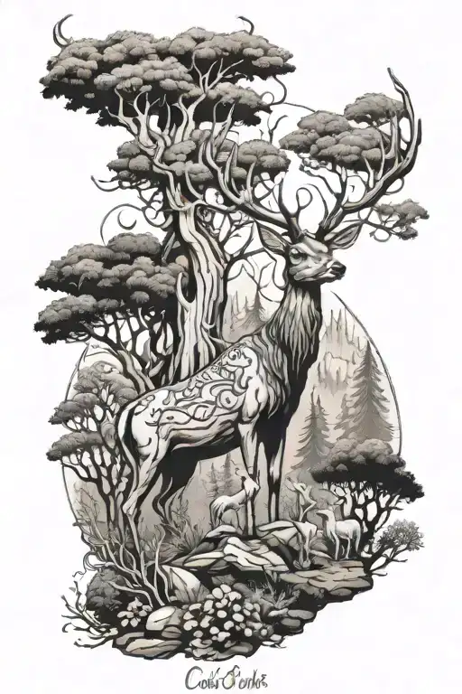 hooded deer cernunos in a forest scene tattoo design idea