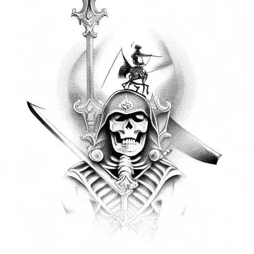 Skeleton riding a crusade horse holding a sword tattoo design idea