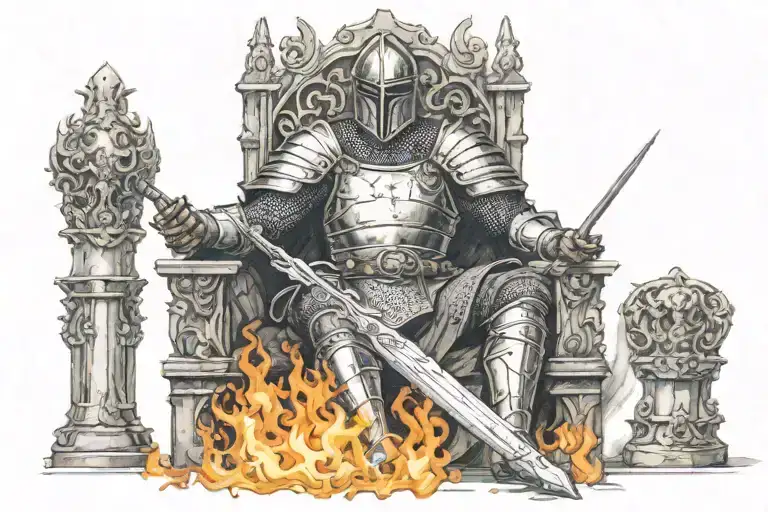 seating on a throne medieval knight holding sword on fire tattoo design idea
