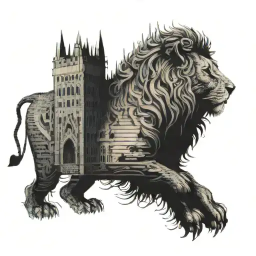 A fantasy castle made out of sheet music with a lion standing guard at the entrance tattoo design idea