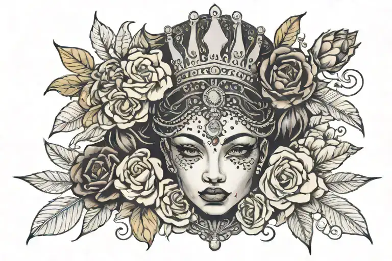 black queen with flowers around face surrounded tattoo design idea