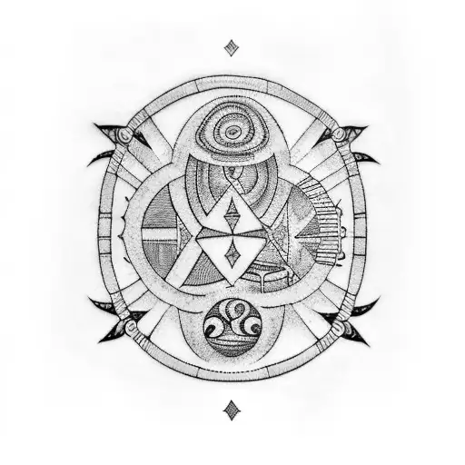 A blackwork tattoo of a Maya calendar with musical instruments incorporated into the design tattoo design idea