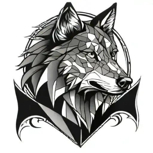 geometric half wolf half shield tattoo design idea