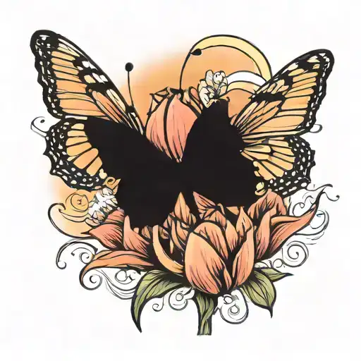 a butterfly flying off tulip and into the sun setting tattoo design idea