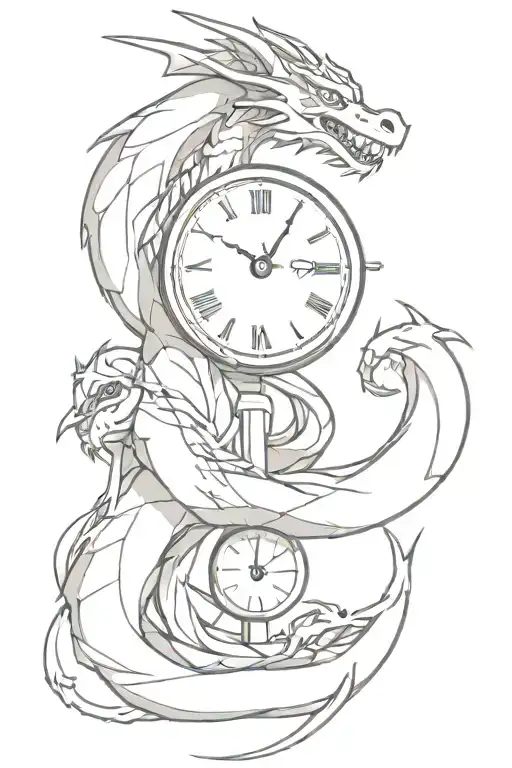 a dragon wrapped around the arm. the dragon is encircling a broken clock tattoo design idea