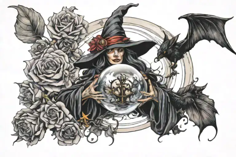 witch holding a crystal ball surrounded by flowers, bat and candles  tattoo design idea