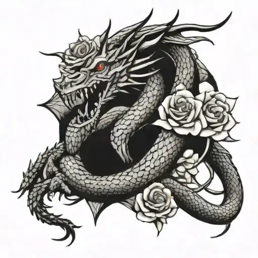 dragon with a rose intertwined tattoo design idea