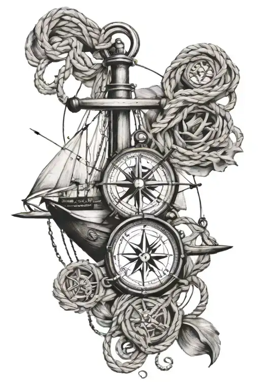 nautical, anchors, ships, compasses, waves, ropes intertwined tattoo design idea