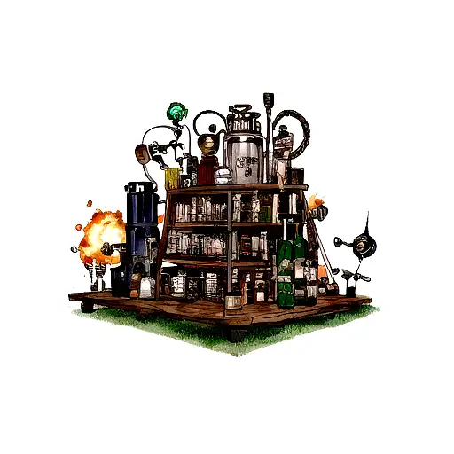 A chemical container (like a flask) with the label "Puchero's Alchemist", and emiting a gas that takes some shapes tattoo design idea