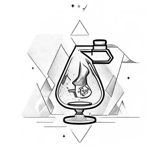 A chemical container (like a flask) with the label "Puchero's Alchemist", and emiting a gas that takes some shapes tattoo design idea