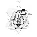 A chemical container (like a flask) with the label "Puchero's Alchemist", and emiting a gas that takes some shapes tattoo design idea
