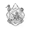 A chemical container (like a flask) with the label "Puchero's Alchemist", and emiting a gas that takes some shapes tattoo design idea