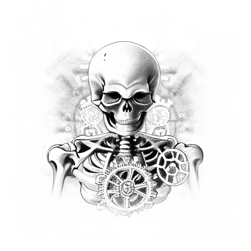 Anatomically correct skeleton figure with gears as joints tattoo design idea