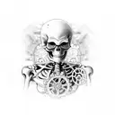 Anatomically correct skeleton figure with gears as joints tattoo design idea