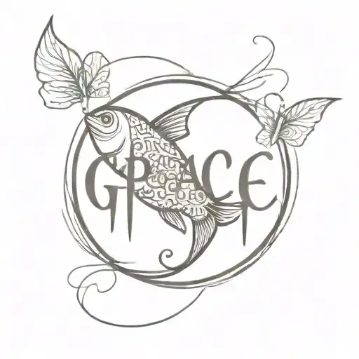 A christian tattoo with the word GRACE, a cross a ichtus fish.  tattoo design idea