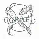 A christian tattoo with the word GRACE, a cross a ichtus fish.  tattoo design idea