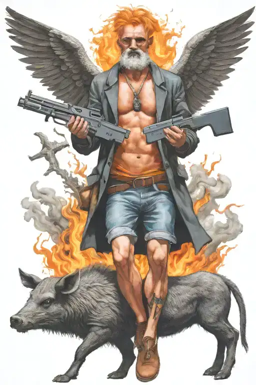 crucifix and man that has orange hair on fire and has his feet facing backward, riding a collared peccary holding a gun  tattoo design idea