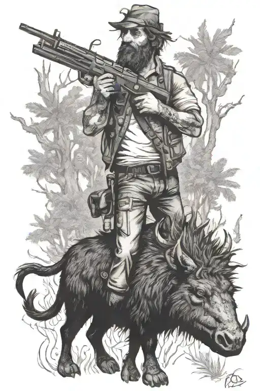 a man with fire for hair and backwords feet, riding a collared peccary holding a gun in the forest on a crusifix tattoo design idea