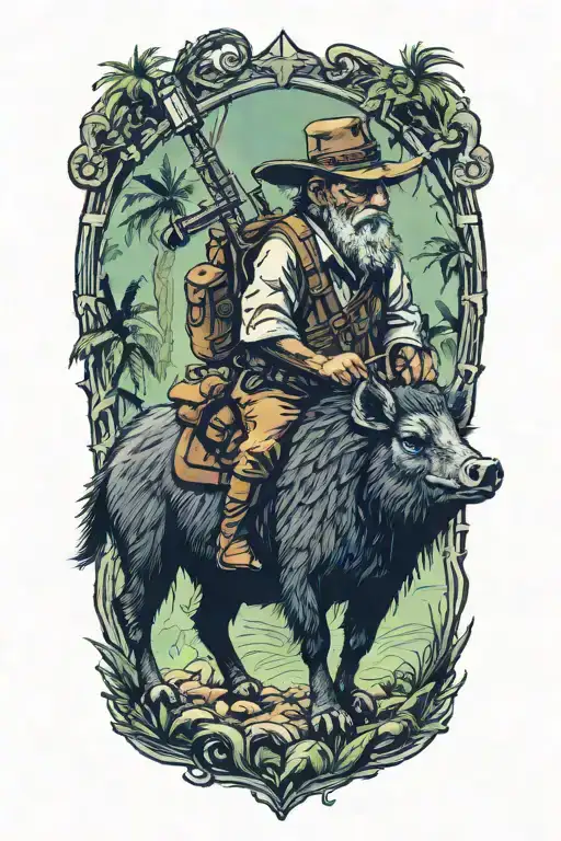 curupira riding collared peccary with a crucifix and gun in jungle tattoo design idea