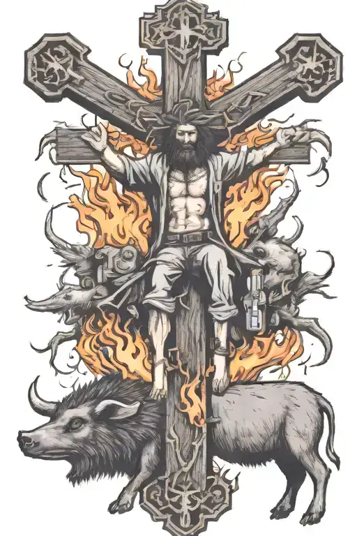 a crucifix with a man that has hair on fire and has backwords feet, riding a collared peccary holding gun in the forest tattoo design idea