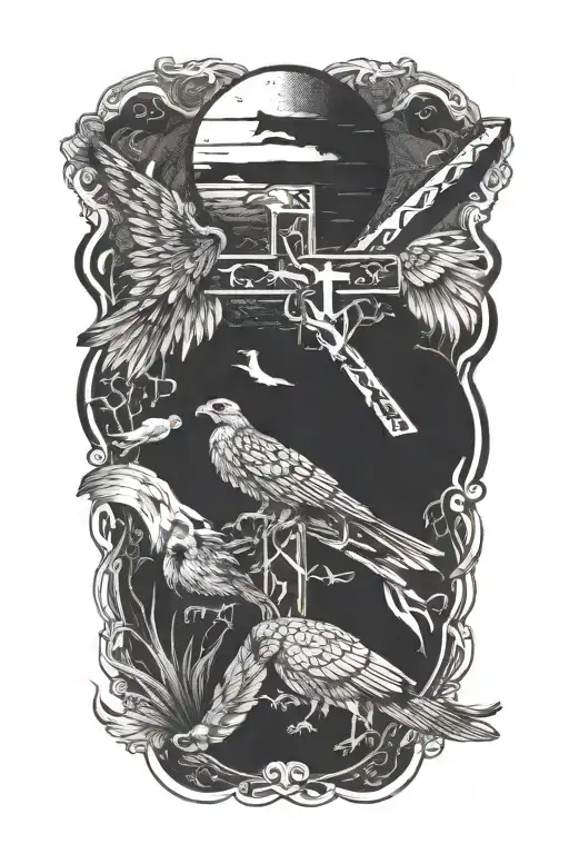 cross surrounded by animals and their occupation tattoo design idea