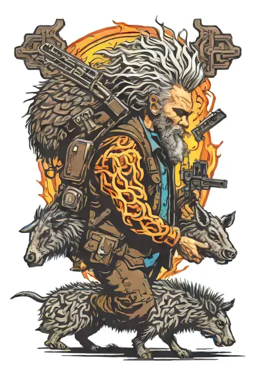 man with hair on fire, holding gun, riding a collared peccary with crucifix in background tattoo design idea