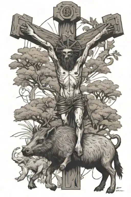 crucifix with the legend Curupira riding a collared peccary holding a gun in the forest tattoo design idea