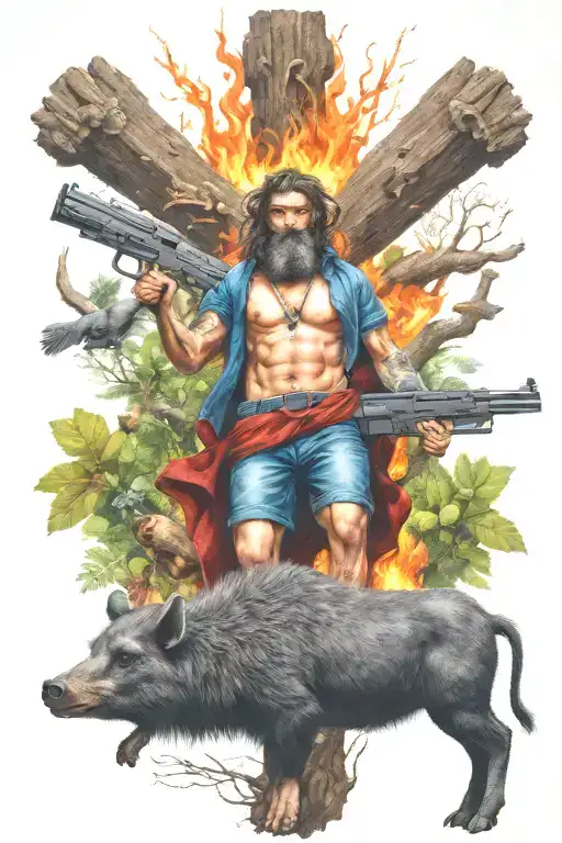 a crucifix and a man that has hair on fire and has backwords feet, riding a collared peccary holding a gun in the forest tattoo design idea